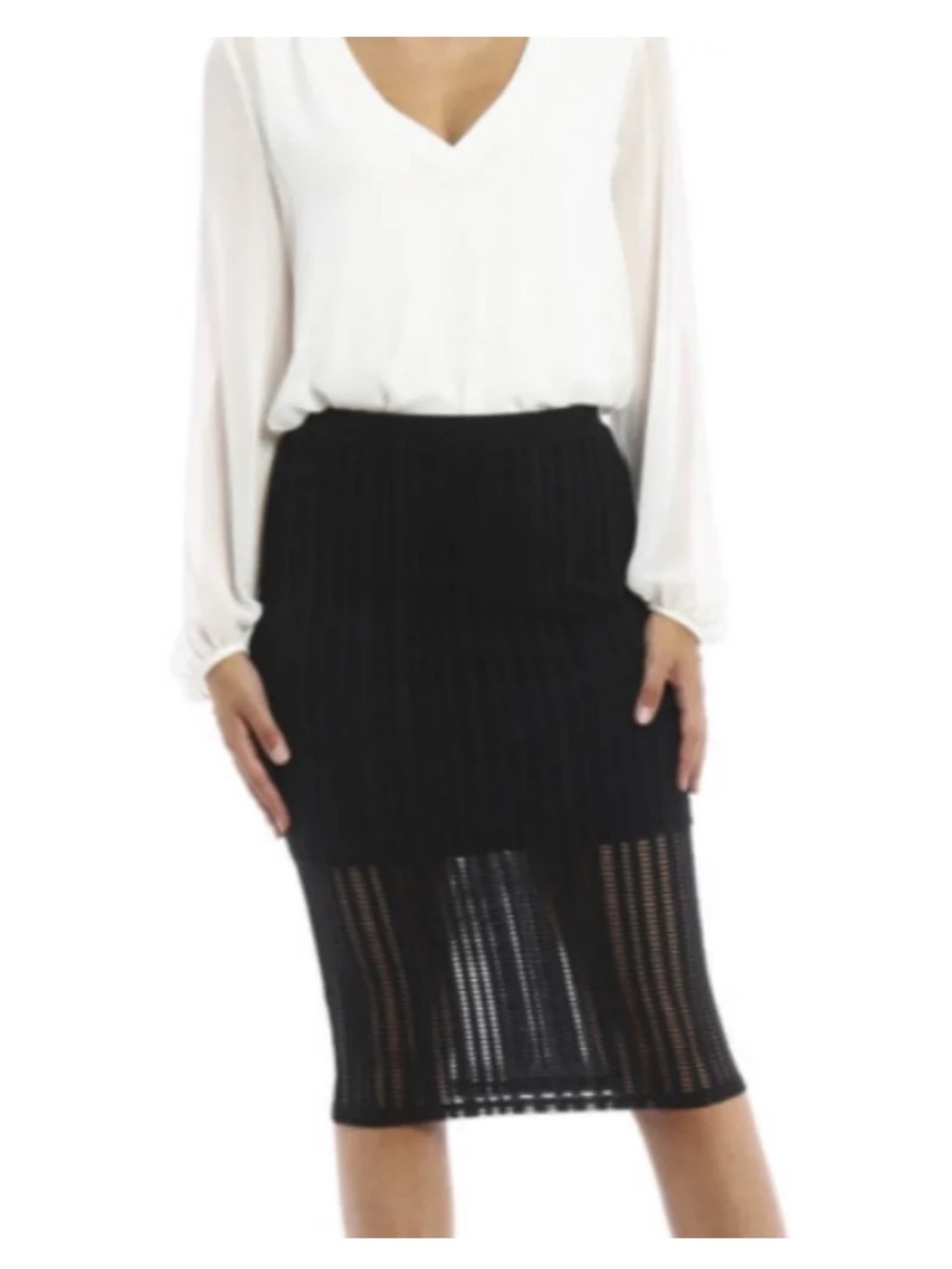 Black Knit Open-Weave Pencil Skirt